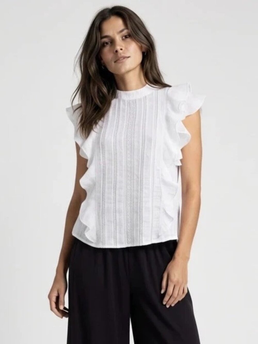 Veronica Beard Sol Ruffle Top Blouse White Lace-Trim Cotton Sz 6 Flutter Sleeve